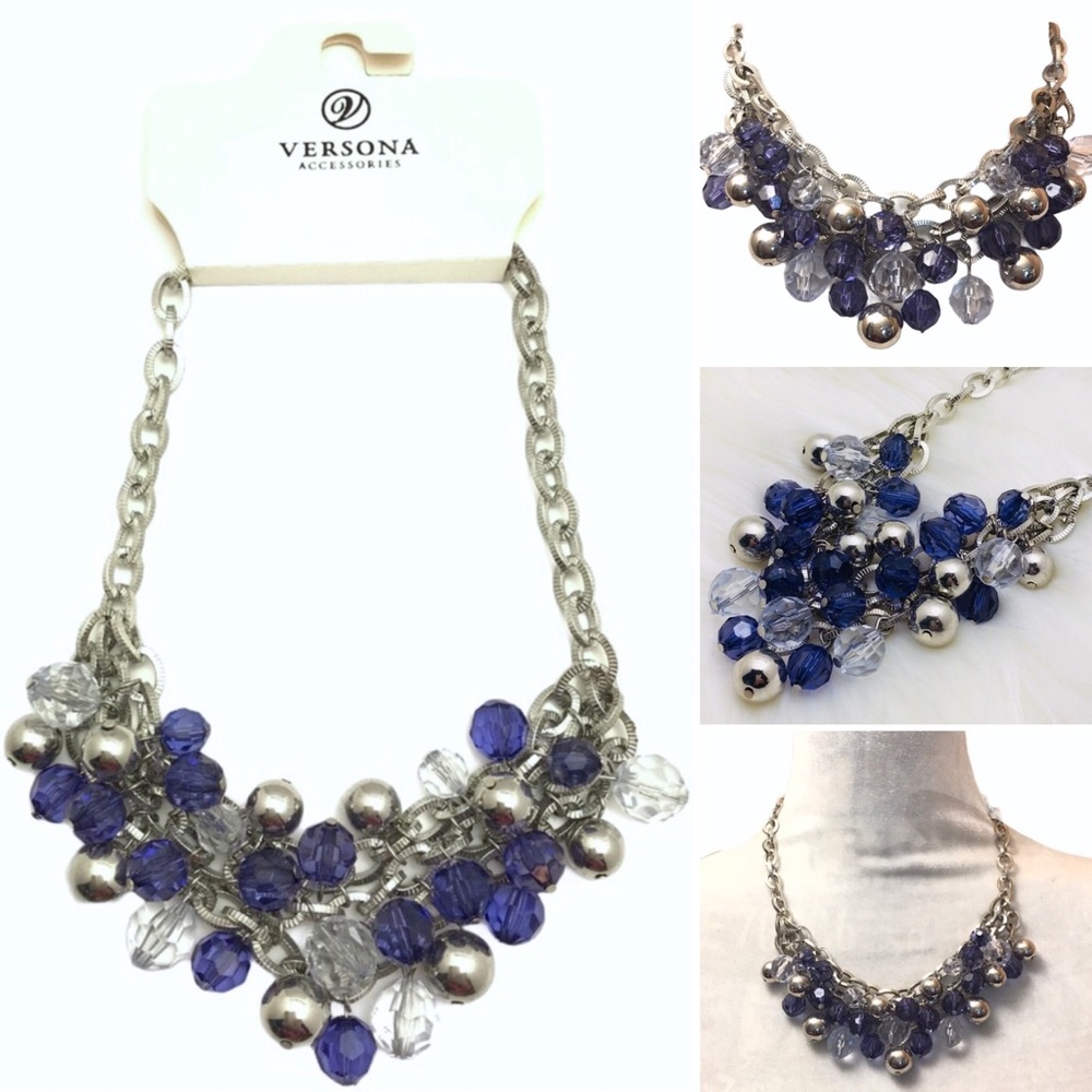 NWT Blue Clear Teardrop Bubble Statement Bib Necklace
